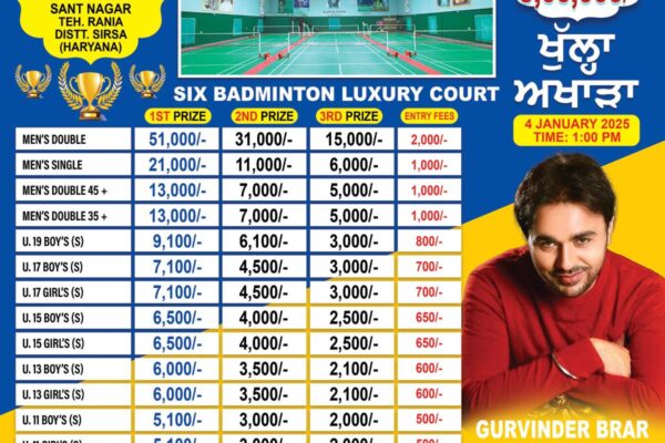 Mega Badminton Tournament in Santnagar, Sirsa on 4-5 January